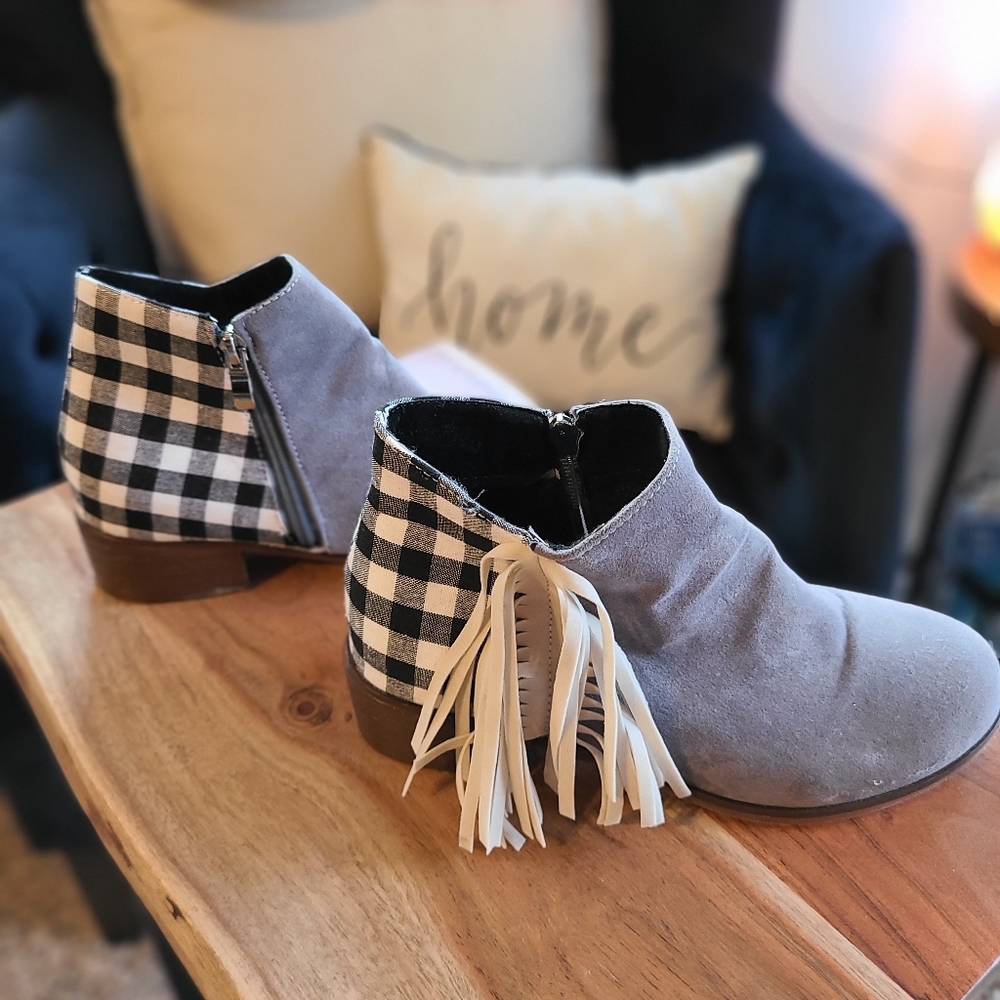 Grey Buffalo Check Fringed Booties